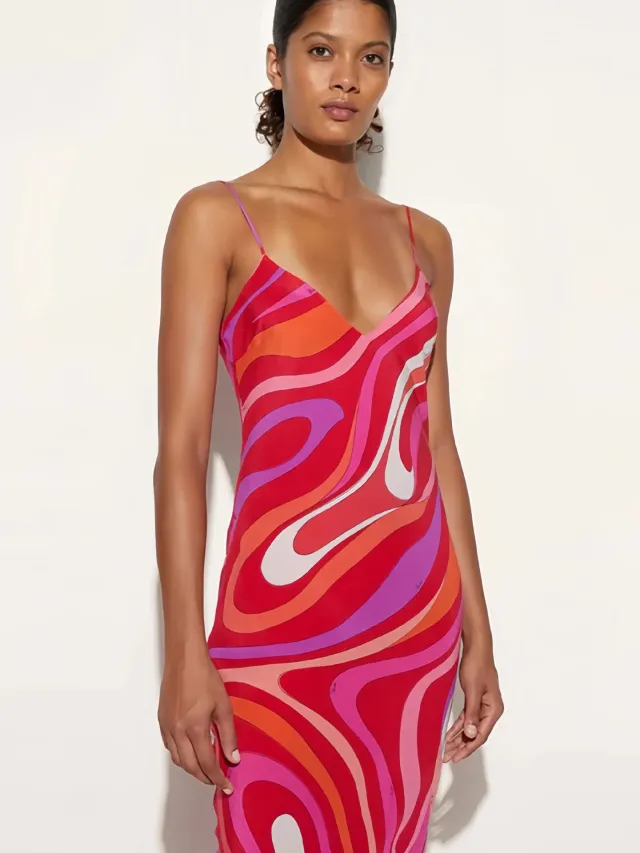 Resort Maxi Dress With Bold Contrasting Artistic Print Red - Shop at LoveMi