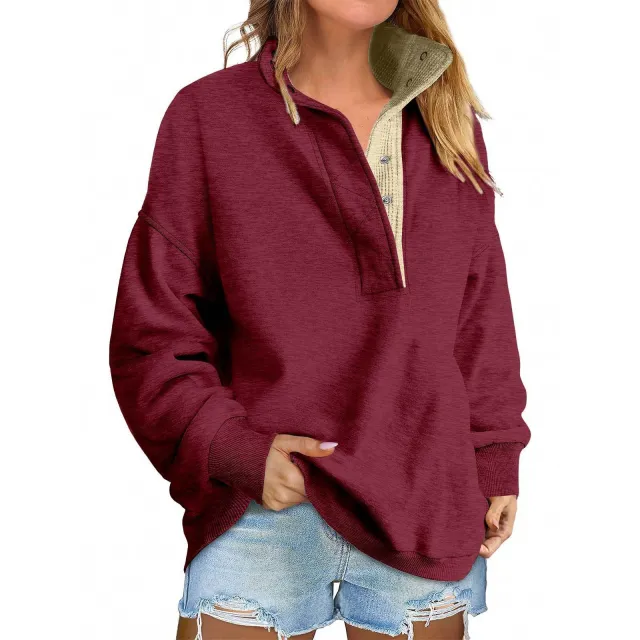 Pullover Leisure Loose Button Sweater For Women Wine Red - Shop at LoveMi
