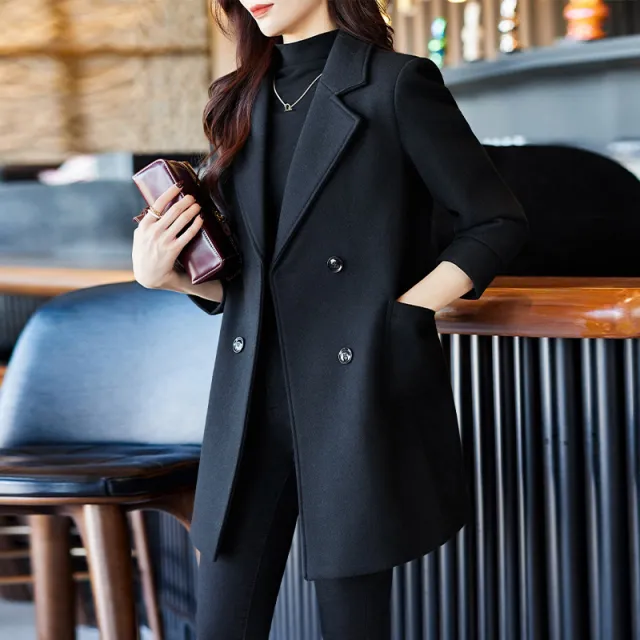Black Double Breasted Coat Autumn And Winter New Women's Suit Jacket Black - Shop at LoveMi