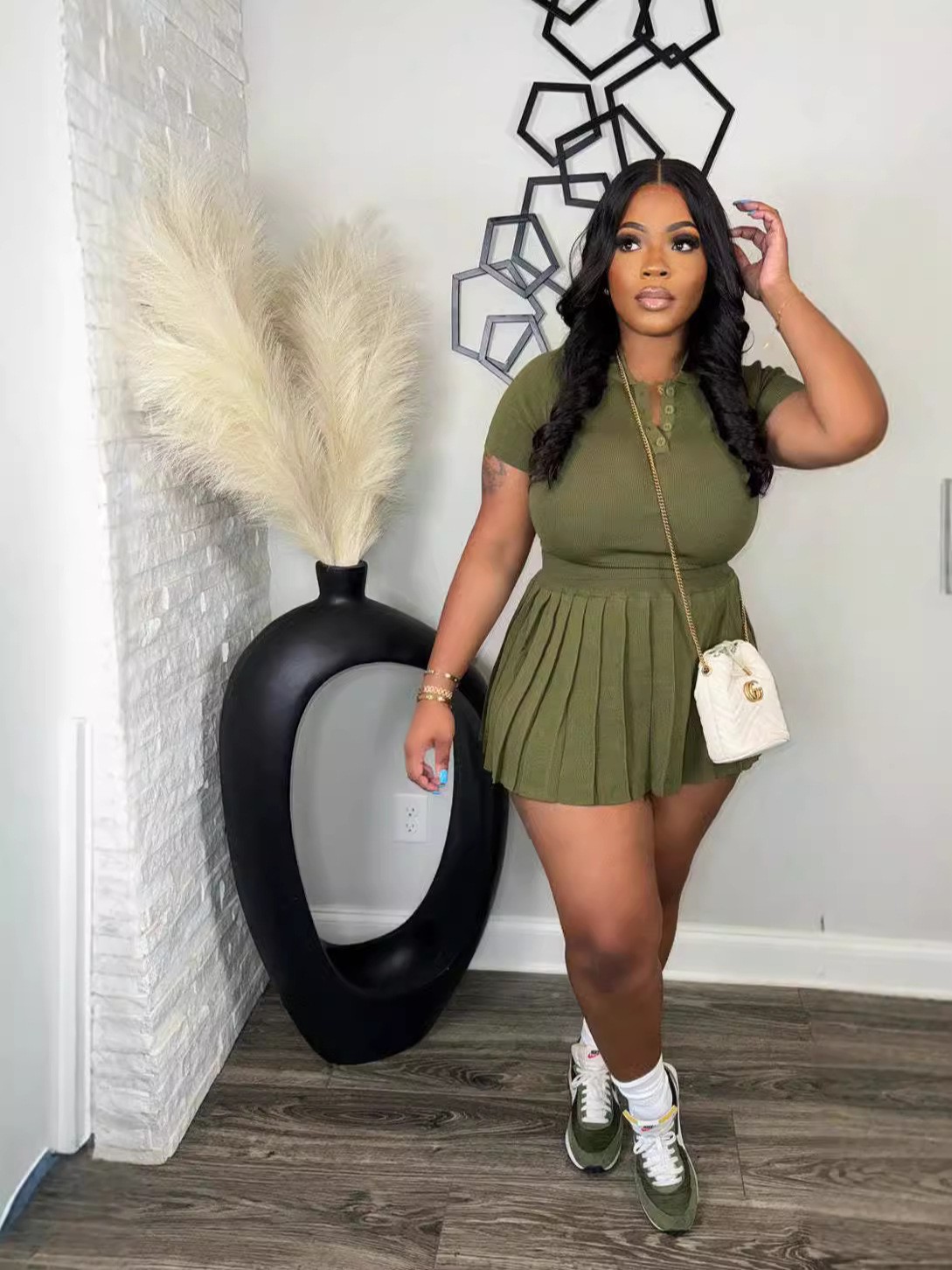 Women's Volleyball Button Pleated Skirt Knitted Fashionable Casual Two-piece Set