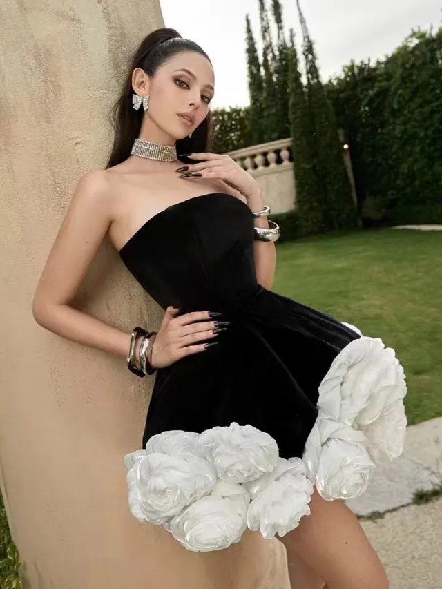 Top Short Skirt Three dimensional Flower Pettiskirt French Cross border Dress Black - Shop at LoveMi