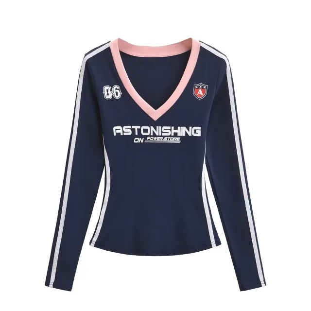 Women's American style Retro V neck Printing Color Contrast Long sleeved T shirt Navy Blue Top - Shop at LoveMi