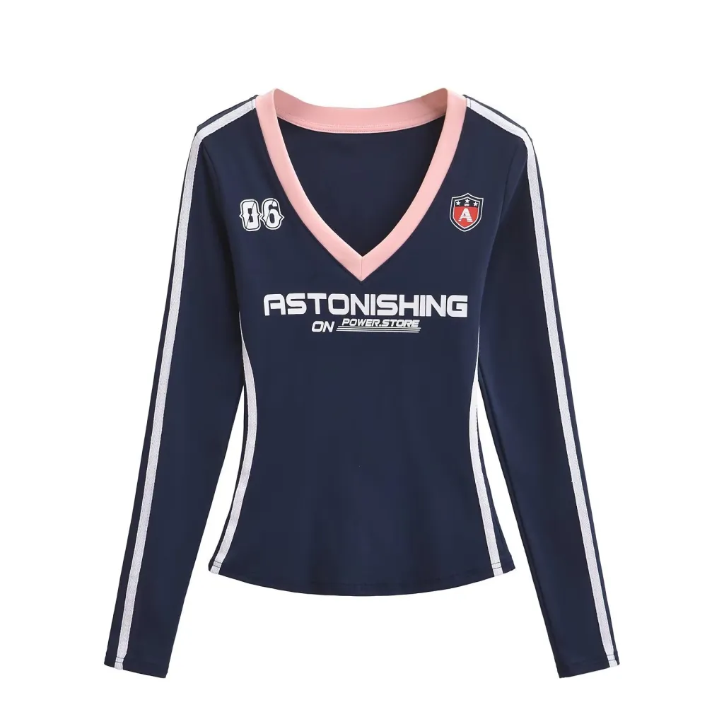 Women's American-style Retro V-neck Printing Color Contrast Long-sleeved T-shirt - Navy Blue Top