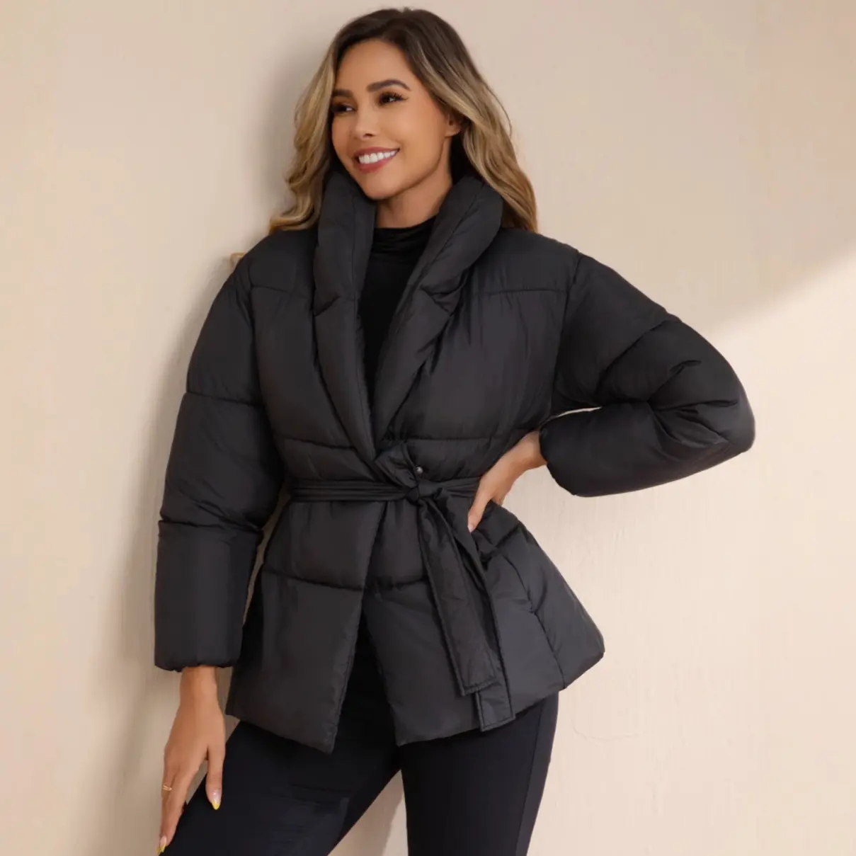 Cropped-waist Lapel Cotton-padded Coat Jacket