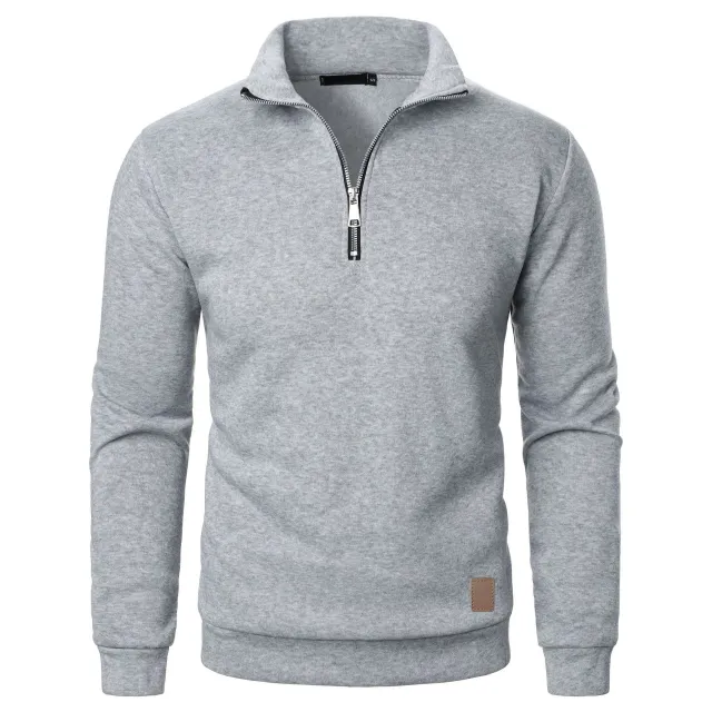 Men's Stand Collar Half Zip Long sleeved Sports Casual Solid Color Fleece Top Light Gray - Shop at LoveMi