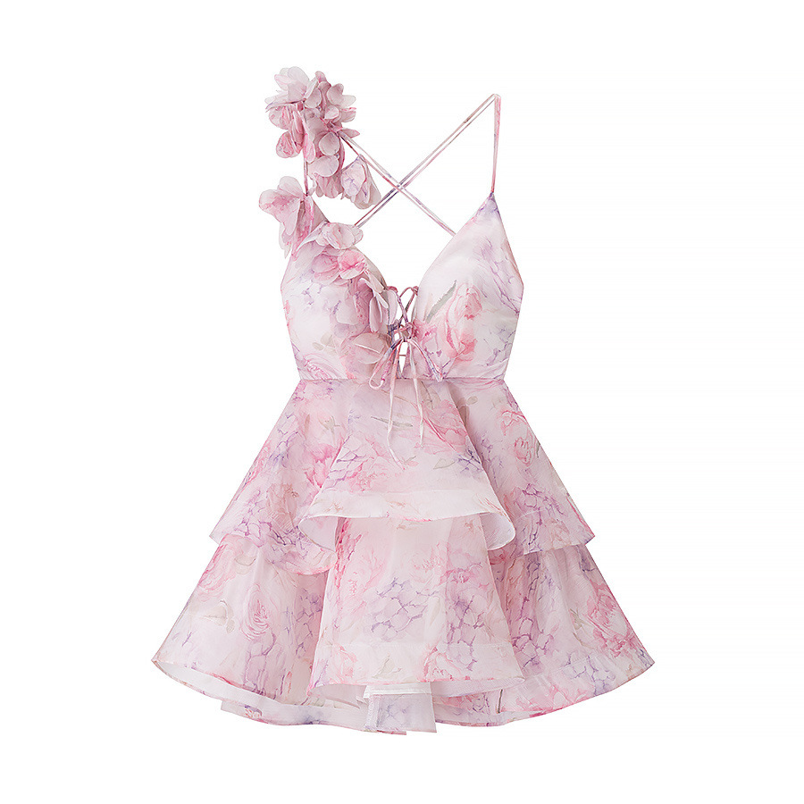New Summer Three dimensional Flower Waist Trimming Short Sling Dress Pink - Shop at LoveMi