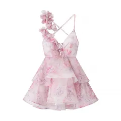 New Summer Three-dimensional Flower Waist Trimming Short Sling Dress - Pink - View 1