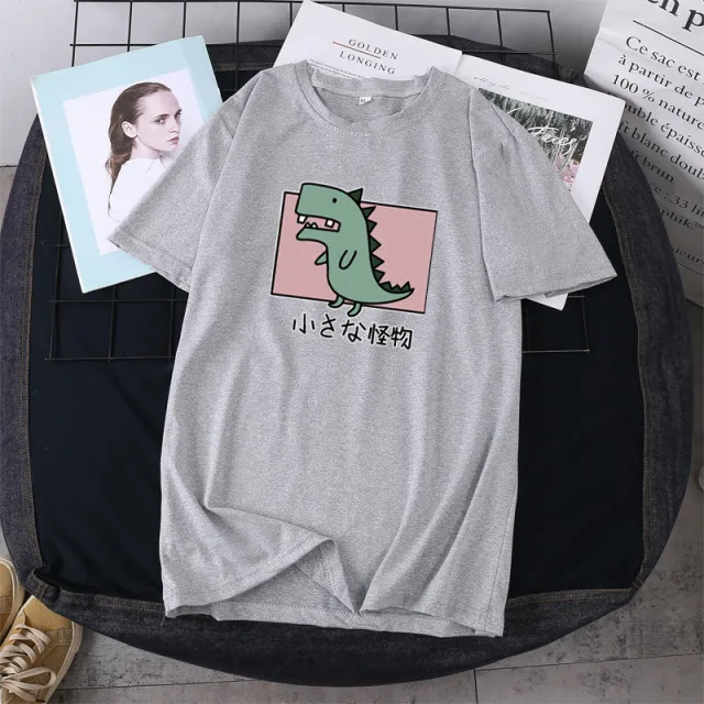 Early Spring Short sleeved T shirt Women's Loose Black Urban Casual Printed Round Neck BF Style Coat Inner Wear Gray - Shop at LoveMi