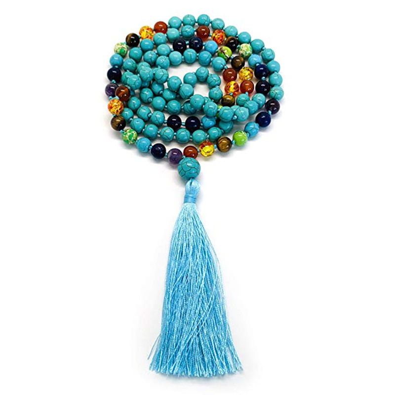 Tassel Long Necklace 108 Beads Handmade Natural Stone Layered Style