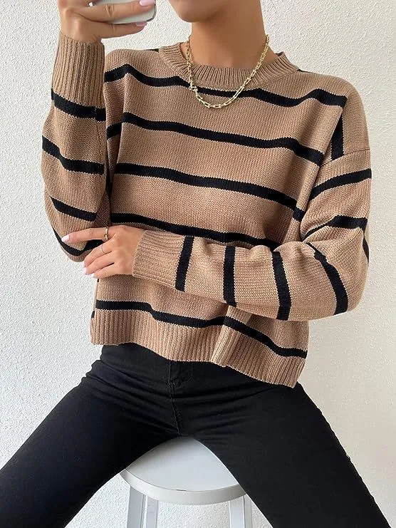 Striped Knitted Round Neck Pullover Multicolor Sweater Khaki - Shop at LoveMi