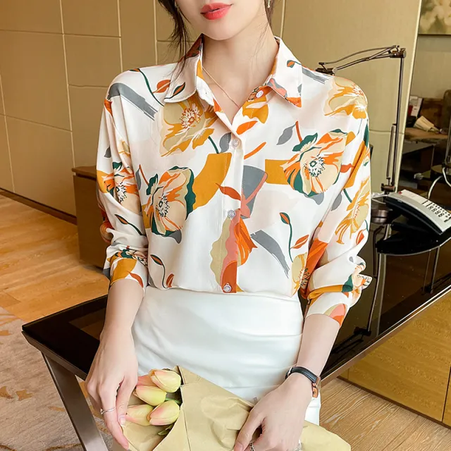 Spring Design Sense Retro French Temperament Printed Chiffon Long sleeved Shirt For Women White - Shop at LoveMi