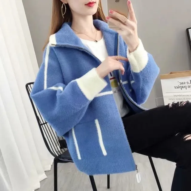 Winter Loose Furry Knitted Cardigan Western Style All matching Short Coat Blue - Shop at LoveMi