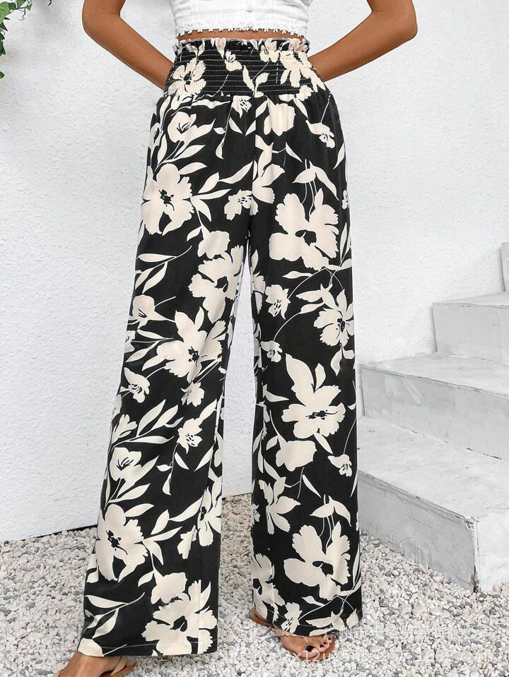Casual Simple Comfortable High Waist Flower Print Wide Leg 1Color - Shop at LoveMi