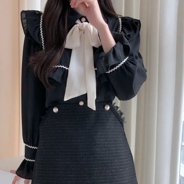 Color blocking Bow Ruffled Tied Flared Sleeves Long Sleeves Shirt For Women Black - Shop at LoveMi