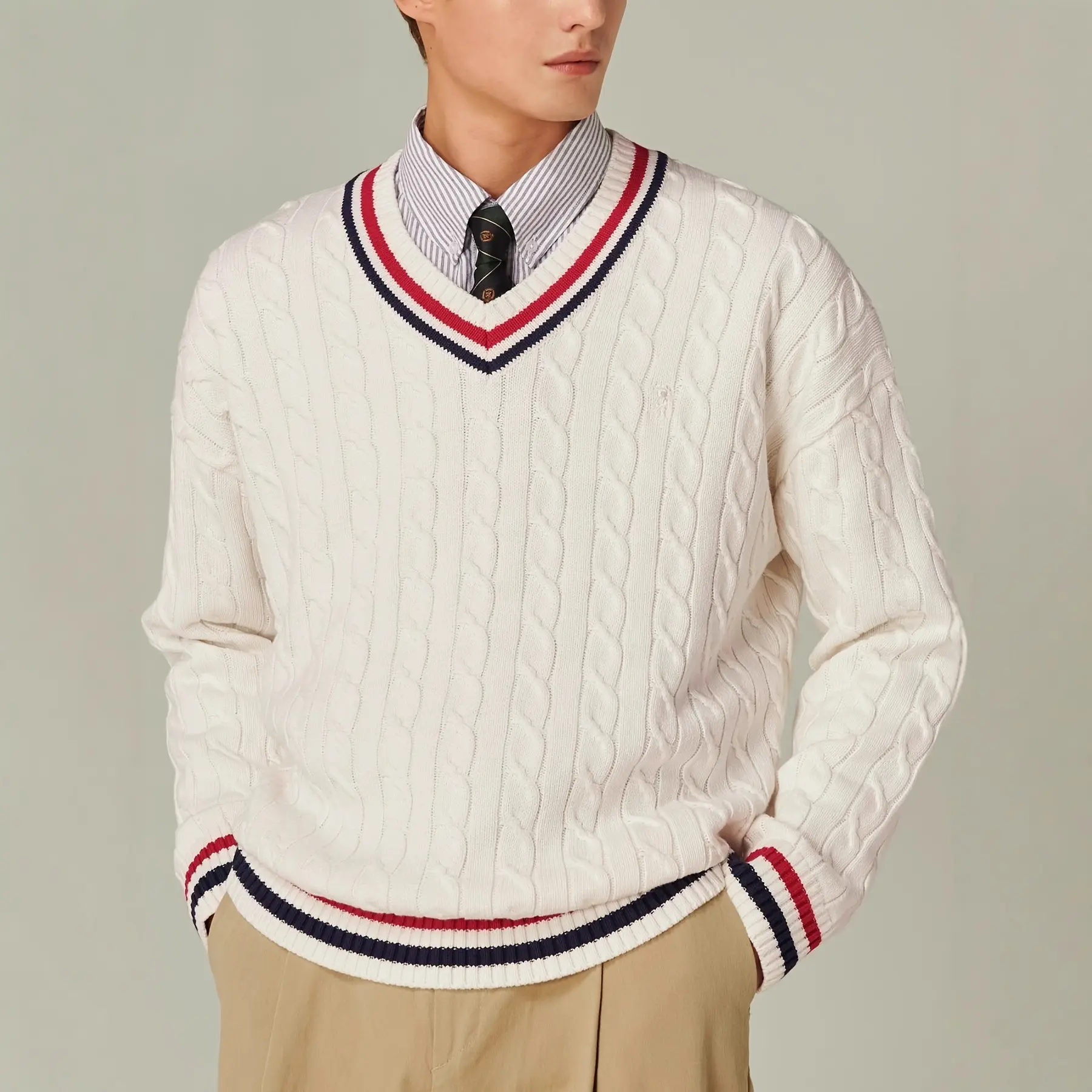 Color-block V-neck Long-sleeved Casual Elegant Autumnwinter