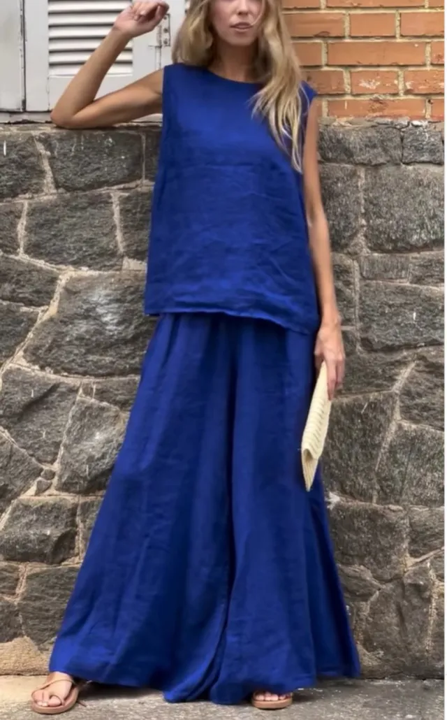Loose Solid Color Cotton Linen Sleeveless Trousers Two piece Set Blue - Shop at LoveMi