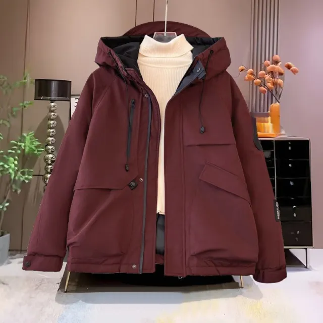 Korean style Loose fitting Hooded Quilted Outdoor Jacket Quilted Wine Red - Shop at LoveMi