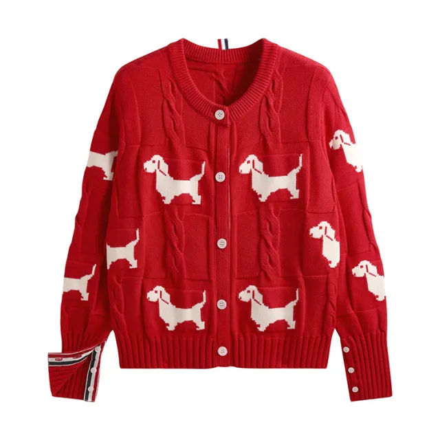 Design Dog Jacquard Twist Lazy Round Neck Knitted Cardigan Red - Shop at LoveMi