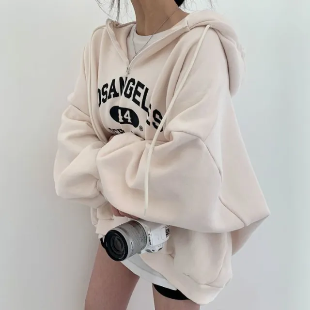 Zipper Sweater Ladies Hooded Padded Fleece Jacket Beige With Plush - Shop at LoveMi