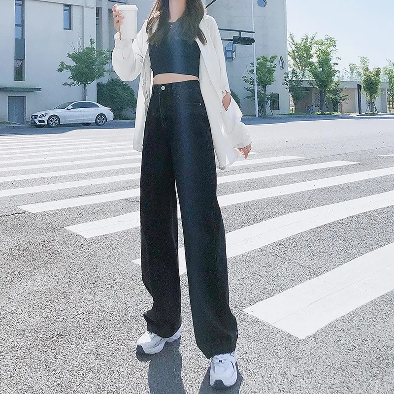 Women's High Waist Straight Jeans Loose-fitting Wide-leg Trousers - Black