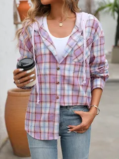 Women's Casual Fashion Loose Plaid Shirt - Purple - View 1