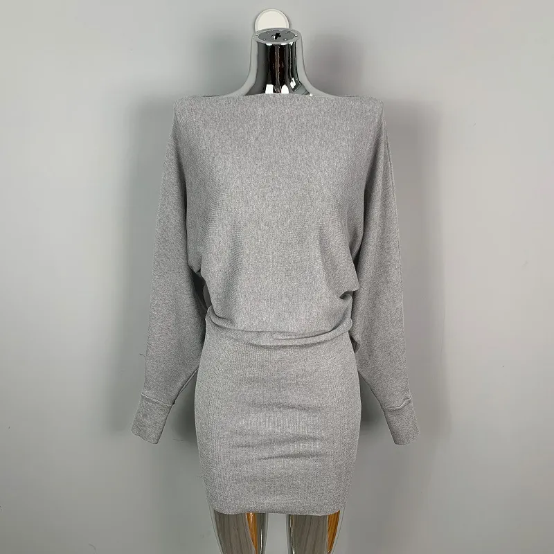 Slim-fit Sexy Off-shoulder Dress Knit Sweater Batwing Sleeves - Gray