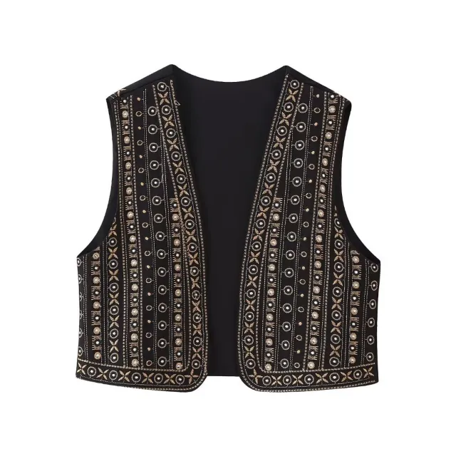 Autumn New Classic Style Beaded Embroidery Short Cotton padded Jacket Vest Black - Shop at LoveMi
