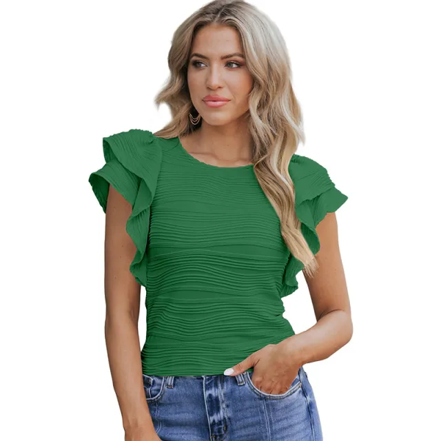 Fashion Texture Ruffled Short Sleeves Lc25223503 Green - Shop at LoveMi