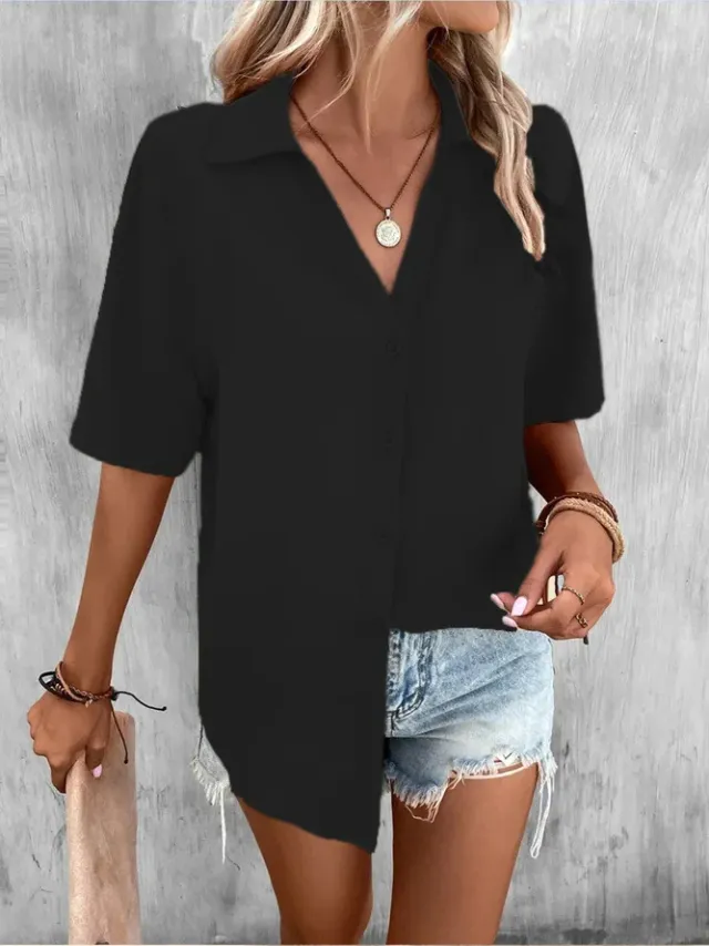 Temperament Pure Color V neck Shirt Women's Top Short Sleeve Black - Shop at LoveMi