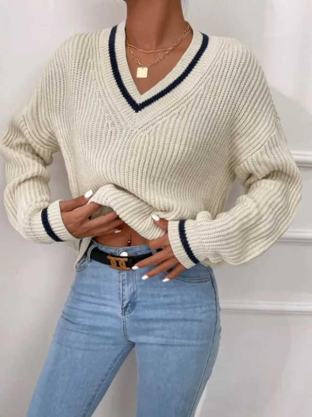 Casual Patchwork Contrast Color Loose Long Sleeve Women's Sweater Milky White - Shop at LoveMi