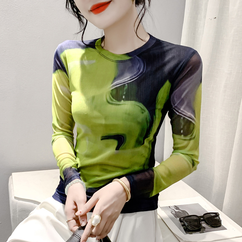 Fall Winter Fashion Voile Printing Long Sleeve Round Neck Top