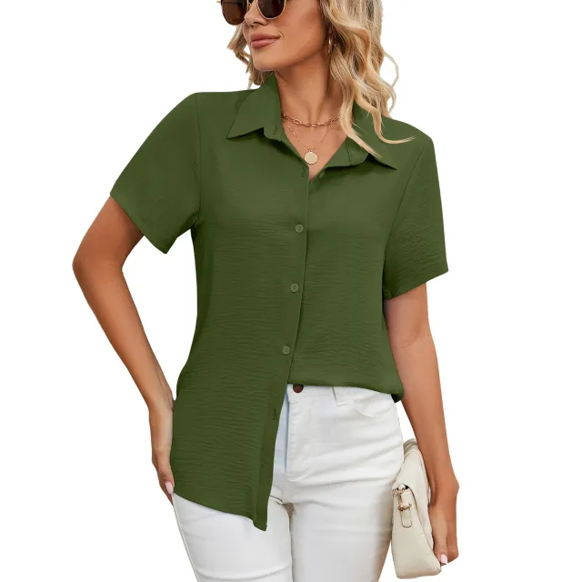 Women's Summer Anti wrinkle V neck Casual Loose Solid Color Shirt Top Green - Shop at LoveMi