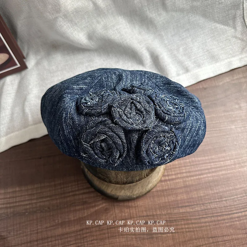 Korean Style Early Autumn New Rose Flower Embroidery High-grade Sense Elegance Retro Small Face Beret - Dark Blue