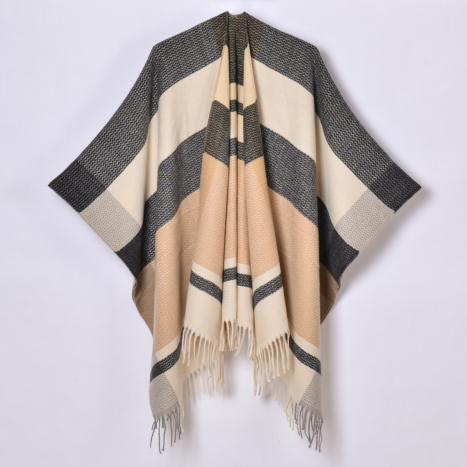 Tassel Split Shawl Simple Plaid Jacquard Scarf