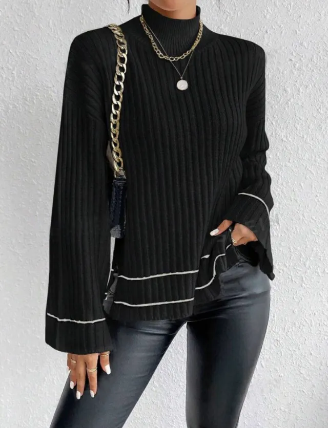 Casual Patchwork Contrast Color Loose Long Sleeve Black - Shop at LoveMi