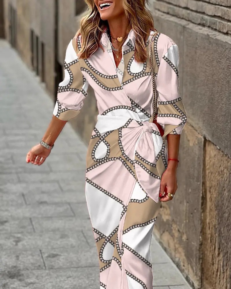 Printed Shirt Collar Lacing Mid-length Striped Dress