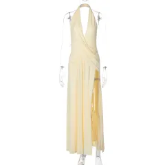 Fashion Deep V Halter Pleated Backless Irregular Dress - Yellow - View 1