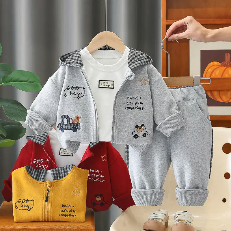 Boy's Stylish Hooded Jacket Three-Piece Set