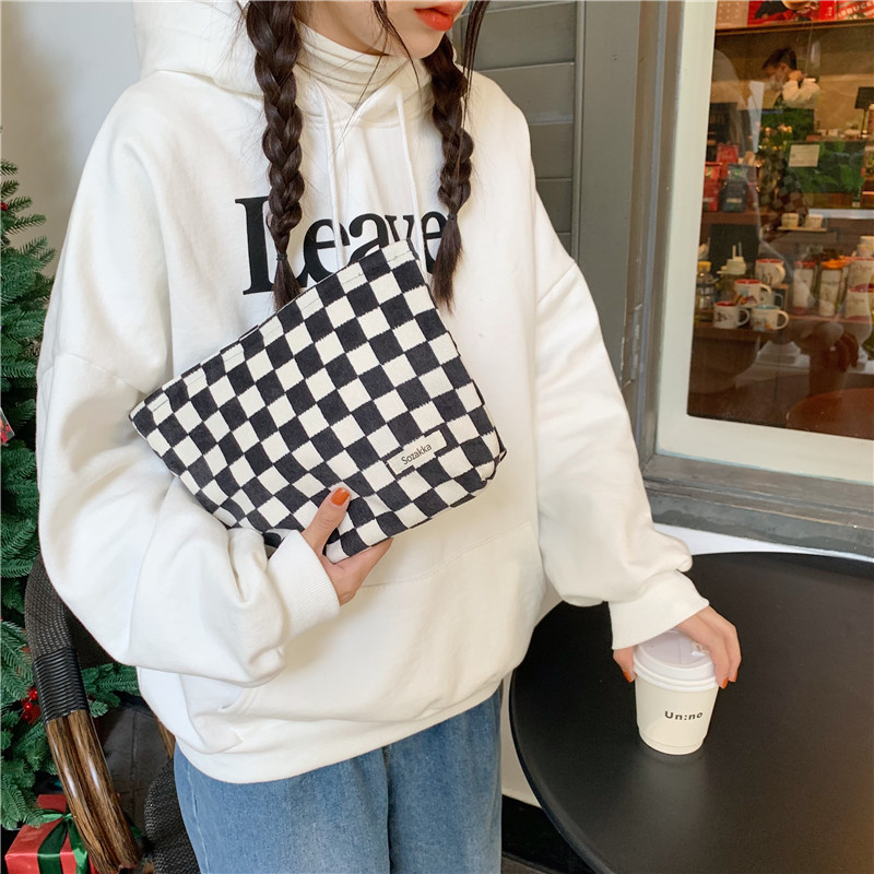 Portable Corduroy Chessboard Clutch Buggy Bag