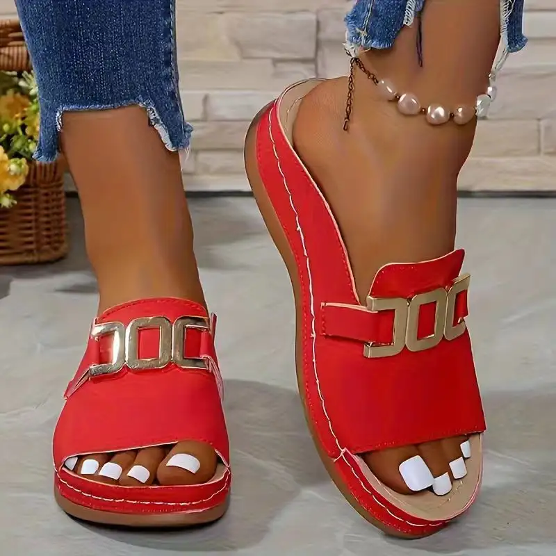 Fashionable And Minimalist Metal-buckle Peep-toe Sandals