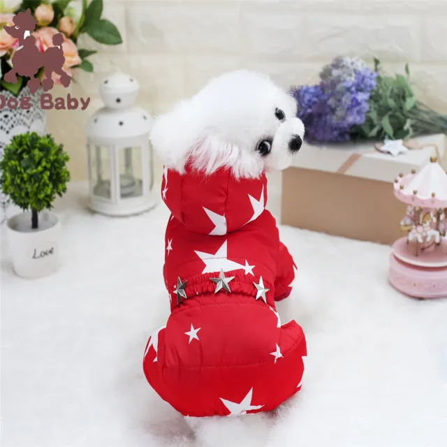 Pet Dog Clothes Poodle Clothing Autumn And Winter Thickened Starry Four leg Cotton padded Clothes Red - Shop at LoveMi