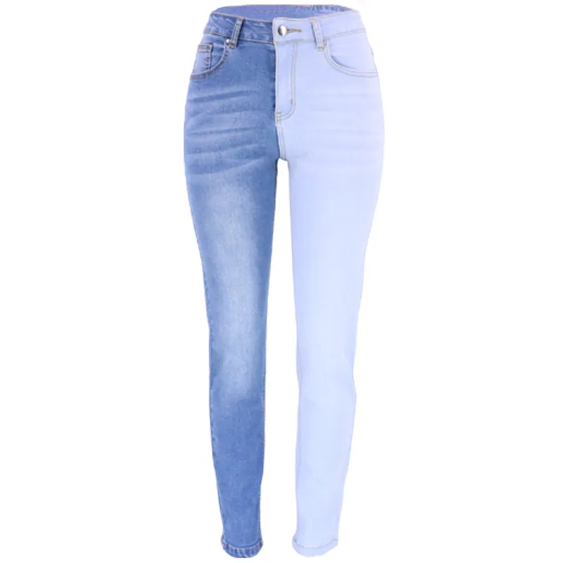 Fashionable Stretch Contrast Color Straight High Waist Jeans For Women - Blue