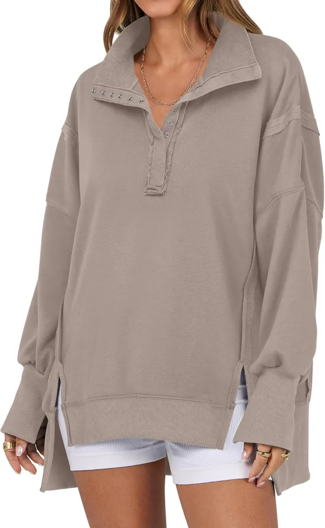 Decorative Moulding Design Blouse Split Lantern Sleeve Polo Collar Sweatshirt Khaki - Shop at LoveMi