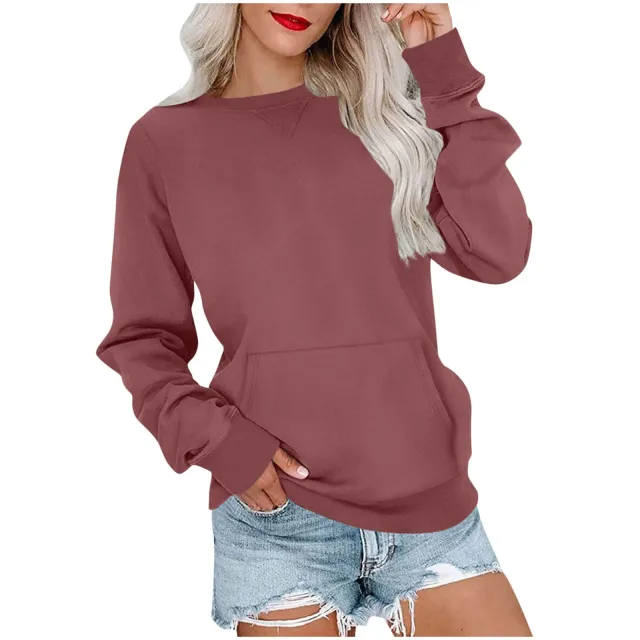 Women's Pin Solid Color Round Neck Loose Long sleeved Sweater Dark Red - Shop at LoveMi