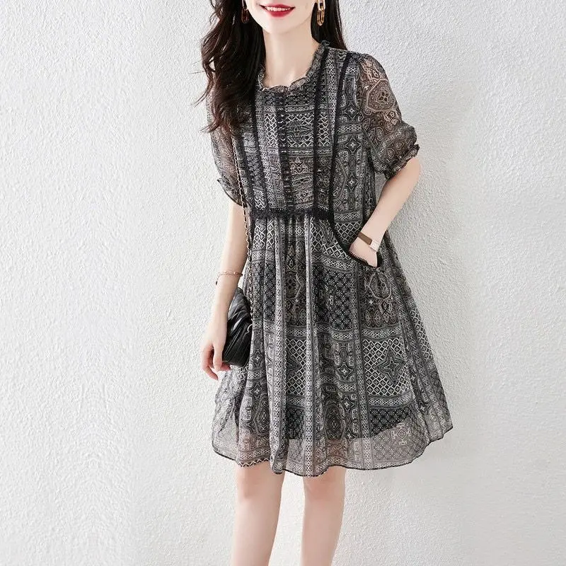 Womens Chiffon Belly-Covering Printed Dress