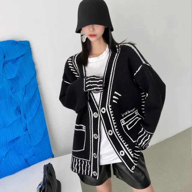 Graffiti Sweater Cardigan For Women V neck Knitted Jacket Black - Shop at LoveMi