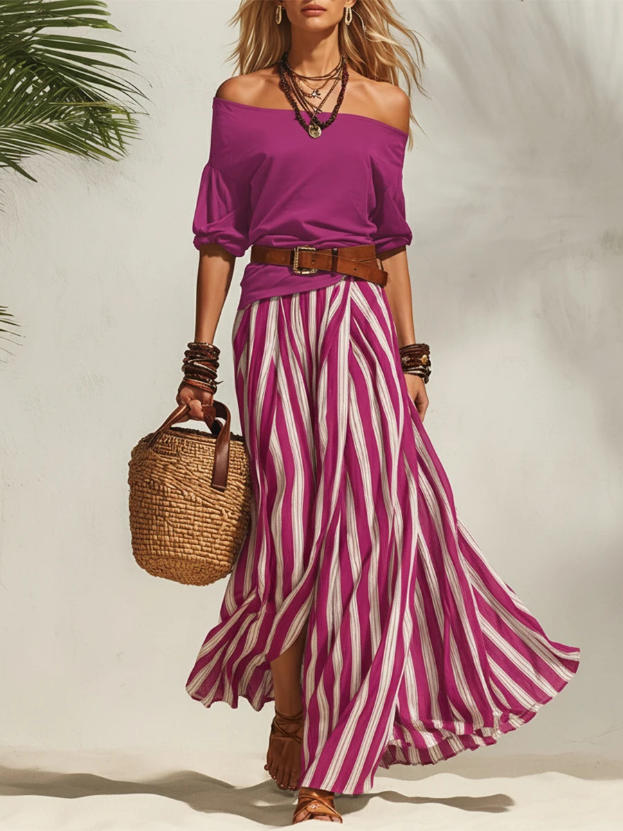 Women's Off-Shoulder Slit Skirt Set in Yellow – sunny summer look