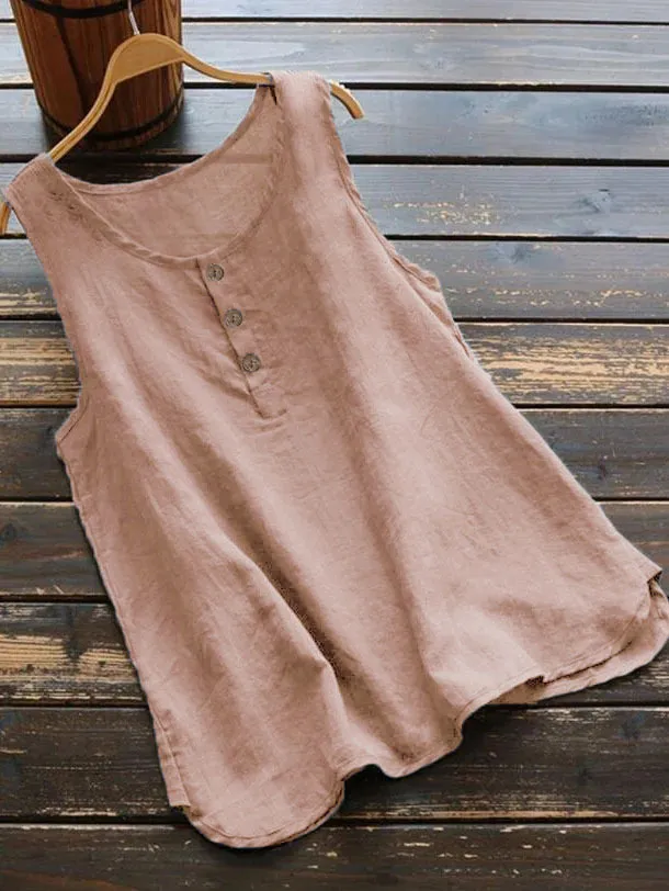 Solid Color Round Neck Loose Casual Vest Cotton Linen Shirt Women Pink - Shop at LoveMi