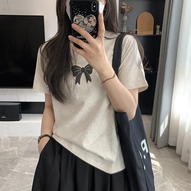 Spring Not Late Sweet Bow T shirt Shoulder Flower Rice - Shop at LoveMi