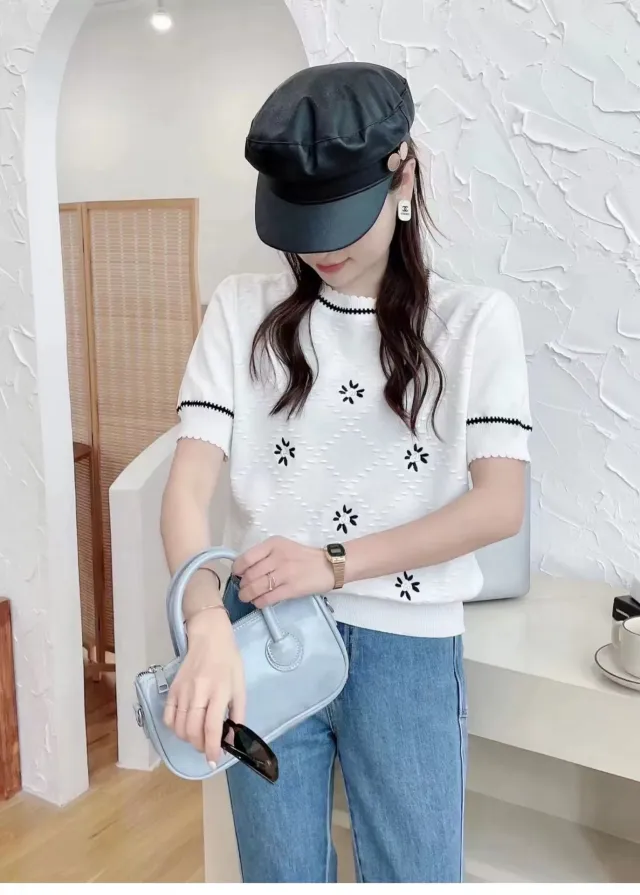 Embroidered Classic Style Ice Silk Sweater Women's Clothing White 39155 - Shop at LoveMi